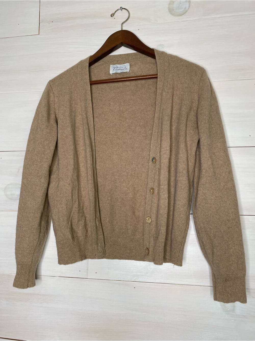 Vintage 100% Imported Cashmere Cardigan Sweater Tan Camel Medium USA